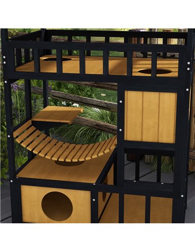 PawHut Outdoor Cat Shelter, Four-Tier Wooden Feral Cat House, with Suspension Bridge, Cat Houses, Balcony, Escape Doors