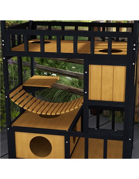 PawHut Outdoor Cat Shelter, Four-Tier Wooden Feral Cat House, with Suspension Bridge, Cat Houses, Balcony, Escape Doors - pic 149067 | FastDaddyshop