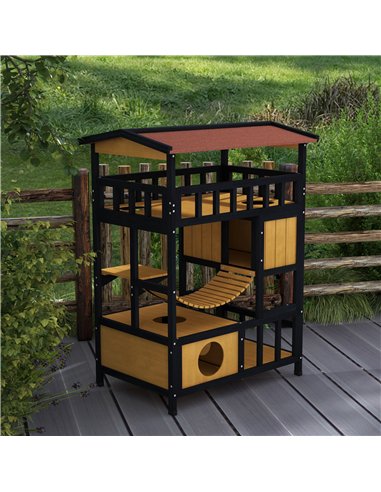 PawHut Outdoor Cat Shelter, Four-Tier Wooden Feral Cat House, with Suspension Bridge, Cat Houses, Balcony, Escape Doors