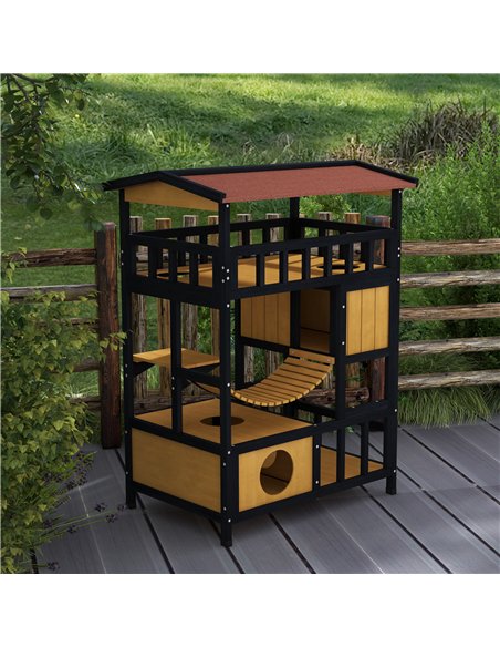 PawHut Outdoor Cat Shelter, Four-Tier Wooden Feral Cat House, with Suspension Bridge, Cat Houses, Balcony, Escape Doors - pic 149068 | FastDaddyshop