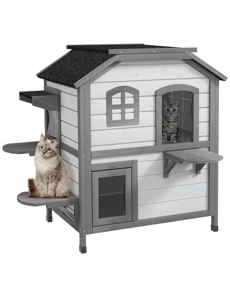 PawHut 2-Story Indoor or Outdoor Cat House W/ Escape Door, Cat Shelter, White - pic 149069 | FastDaddyshop