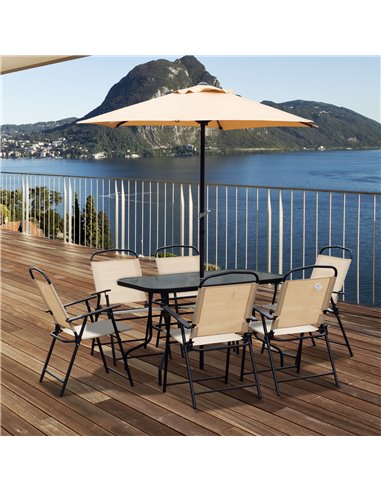 Outsunny 8 Pcs Dining Set with Umbrella, Textilene, Beige