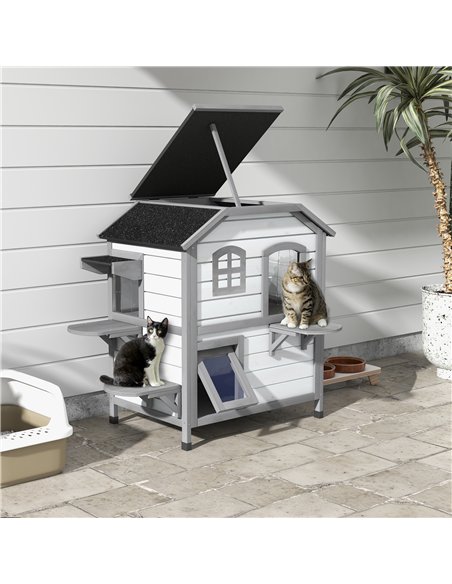 PawHut 2-Story Indoor or Outdoor Cat House W/ Escape Door, Cat Shelter, White - pic 149070 | FastDaddyshop