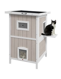 PawHut Outdoor 2 Tiers Wooden Cat Shelter w/ Removable Bottom, Escape Doors, Asphalt Roof, for 1-2 Cats - Light Grey
