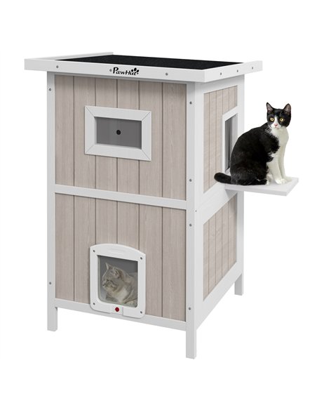 PawHut Outdoor 2 Tiers Wooden Cat Shelter w/ Removable Bottom, Escape Doors, Asphalt Roof, for 1-2 Cats - Light Grey - pic 149078 | FastDaddyshop