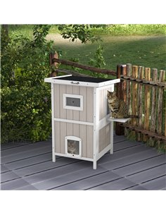 PawHut Outdoor 2 Tiers Wooden Cat Shelter w/ Removable Bottom, Escape Doors, Asphalt Roof, for 1-2 Cats - Light Grey 2