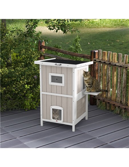 PawHut Outdoor 2 Tiers Wooden Cat Shelter w/ Removable Bottom, Escape Doors, Asphalt Roof, for 1-2 Cats - Light Grey - pic 149079 | FastDaddyshop