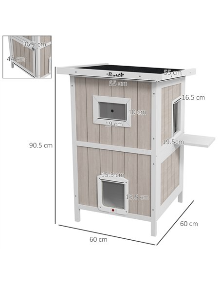 PawHut Outdoor 2 Tiers Wooden Cat Shelter w/ Removable Bottom, Escape Doors, Asphalt Roof, for 1-2 Cats - Light Grey - pic 149080 | FastDaddyshop