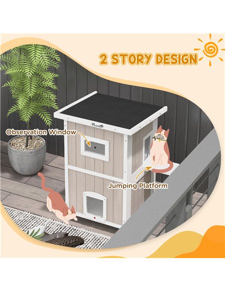 PawHut Outdoor 2 Tiers Wooden Cat Shelter w/ Removable Bottom, Escape Doors, Asphalt Roof, for 1-2 Cats - Light Grey - pic 149081 | FastDaddyshop