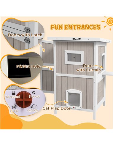 PawHut Outdoor 2 Tiers Wooden Cat Shelter w/ Removable Bottom, Escape Doors, Asphalt Roof, for 1-2 Cats - Light Grey