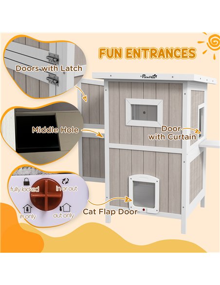 PawHut Outdoor 2 Tiers Wooden Cat Shelter w/ Removable Bottom, Escape Doors, Asphalt Roof, for 1-2 Cats - Light Grey - pic 149082 | FastDaddyshop