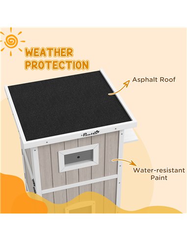 PawHut Outdoor 2 Tiers Wooden Cat Shelter w/ Removable Bottom, Escape Doors, Asphalt Roof, for 1-2 Cats - Light Grey