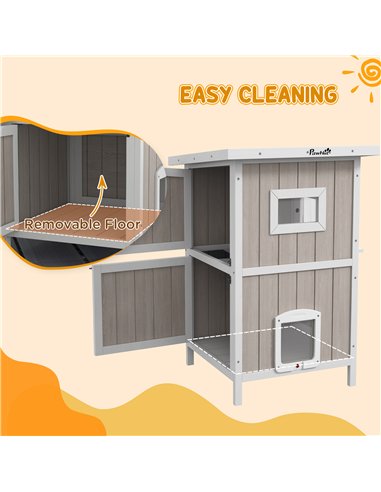 PawHut Outdoor 2 Tiers Wooden Cat Shelter w/ Removable Bottom, Escape Doors, Asphalt Roof, for 1-2 Cats - Light Grey