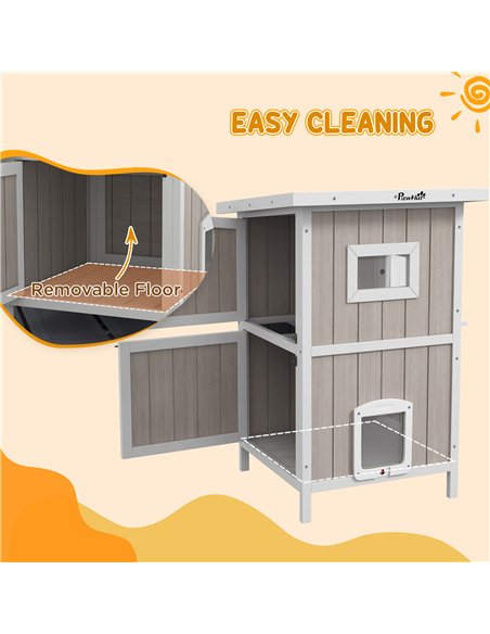 PawHut Outdoor 2 Tiers Wooden Cat Shelter w/ Removable Bottom, Escape Doors, Asphalt Roof, for 1-2 Cats - Light Grey - pic 149084 | FastDaddyshop