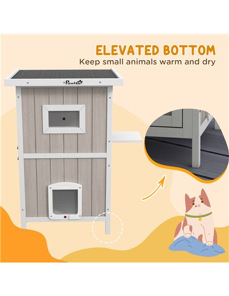PawHut Outdoor 2 Tiers Wooden Cat Shelter w/ Removable Bottom, Escape Doors, Asphalt Roof, for 1-2 Cats - Light Grey - pic 149085 | FastDaddyshop