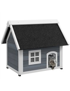 PawHut Outdoor Cat House, Wooden Feral Cat Shelter, with Openable Asphalt Roof, Three Doors - Grey