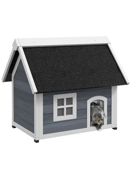 PawHut Outdoor Cat House, Wooden Feral Cat Shelter, with Openable Asphalt Roof, Three Doors - Grey - pic 149087 | FastDaddyshop