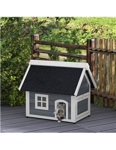 PawHut Outdoor Cat House, Wooden Feral Cat Shelter, with Openable Asphalt Roof, Three Doors - Grey 2