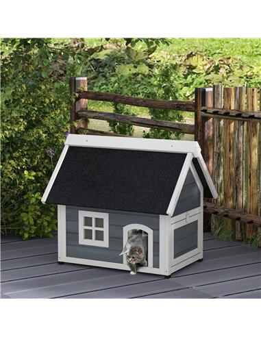PawHut Outdoor Cat House, Wooden Feral Cat Shelter, with Openable Asphalt Roof, Three Doors - Grey