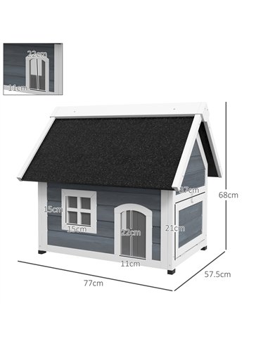 PawHut Outdoor Cat House, Wooden Feral Cat Shelter, with Openable Asphalt Roof, Three Doors - Grey