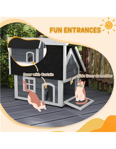PawHut Outdoor Cat House, Wooden Feral Cat Shelter, with Openable Asphalt Roof, Three Doors - Grey