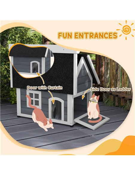 PawHut Outdoor Cat House, Wooden Feral Cat Shelter, with Openable Asphalt Roof, Three Doors - Grey - pic 149090 | FastDaddyshop