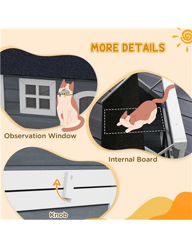 PawHut Outdoor Cat House, Wooden Feral Cat Shelter, with Openable Asphalt Roof, Three Doors - Grey