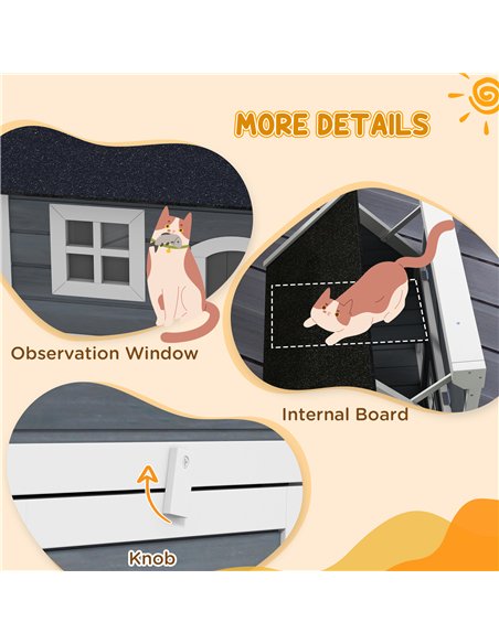 PawHut Outdoor Cat House, Wooden Feral Cat Shelter, with Openable Asphalt Roof, Three Doors - Grey - pic 149093 | FastDaddyshop