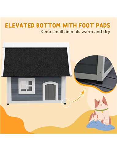 PawHut Outdoor Cat House, Wooden Feral Cat Shelter, with Openable Asphalt Roof, Three Doors - Grey