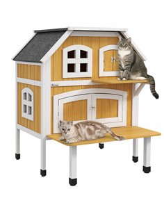 PawHut Outdoor Cat Shelter 2 Tiers Wooden Feral Cat House with Openable Asphalt Roof, Escape Doors, Terrace, for 1-2 Cats