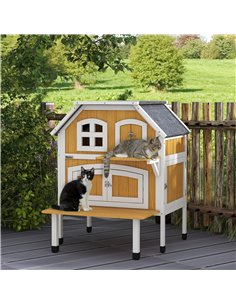 PawHut Outdoor Cat Shelter 2 Tiers Wooden Feral Cat House with Openable Asphalt Roof, Escape Doors, Terrace, for 1-2 Cats 2