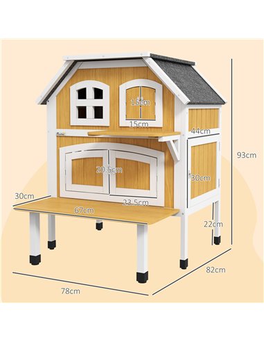 PawHut Outdoor Cat Shelter 2 Tiers Wooden Feral Cat House with Openable Asphalt Roof, Escape Doors, Terrace, for 1-2 Cats