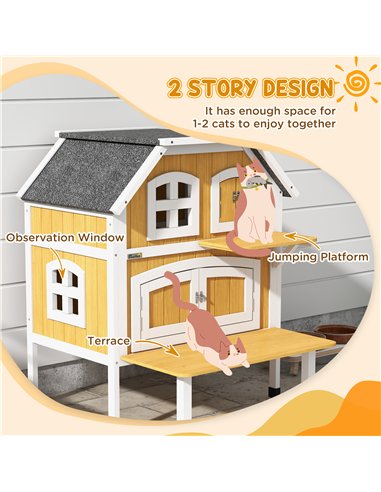 PawHut Outdoor Cat Shelter 2 Tiers Wooden Feral Cat House with Openable Asphalt Roof, Escape Doors, Terrace, for 1-2 Cats