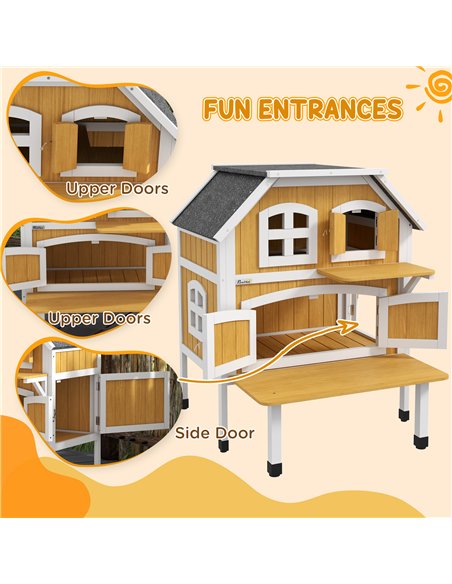 PawHut Outdoor Cat Shelter 2 Tiers Wooden Feral Cat House with Openable Asphalt Roof, Escape Doors, Terrace, for 1-2 Cats - pic 149101 | FastDaddyshop