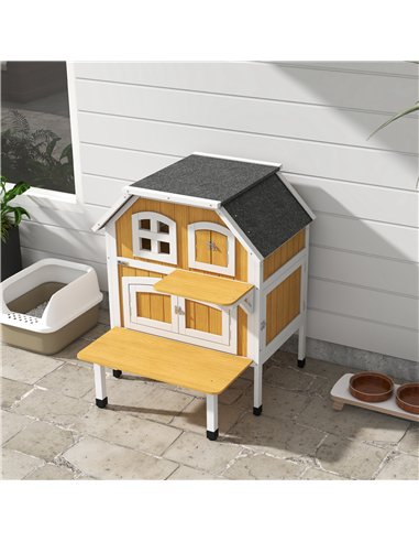 PawHut Outdoor Cat Shelter 2 Tiers Wooden Feral Cat House with Openable Asphalt Roof, Escape Doors, Terrace, for 1-2 Cats
