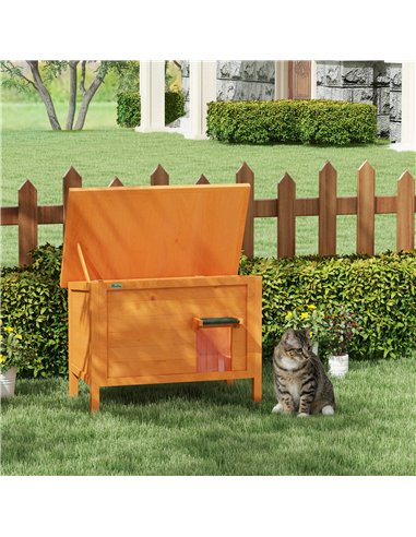 PawHut Feral Cat House, Wooden Insulated with Removable Floor, Water-Resistant Openable Roof - Orange