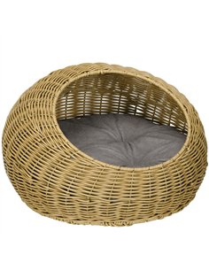 PawHut Wicker Cat House with Washable Cushion for Indoor Cats, Light Brown