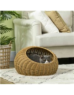 PawHut Wicker Cat House with Washable Cushion for Indoor Cats, Light Brown 2