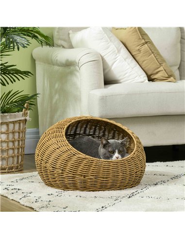 PawHut Wicker Cat House with Washable Cushion for Indoor Cats, Light Brown