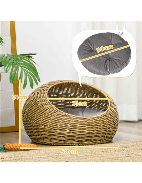 PawHut Wicker Cat House with Washable Cushion for Indoor Cats, Light Brown - pic 149116 | FastDaddyshop