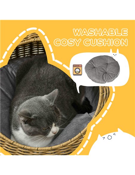 PawHut Wicker Cat House with Washable Cushion for Indoor Cats, Light Brown - pic 149117 | FastDaddyshop