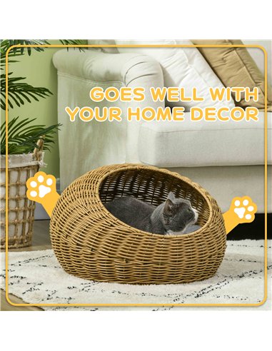 PawHut Wicker Cat House with Washable Cushion for Indoor Cats, Light Brown