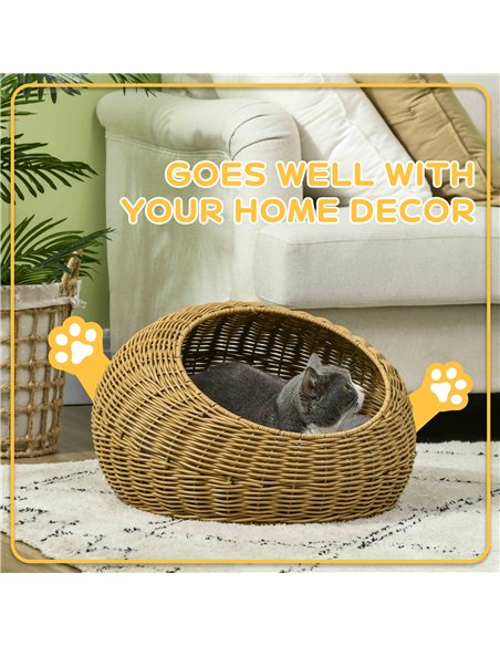 PawHut Wicker Cat House with Washable Cushion for Indoor Cats, Light Brown - pic 149119 | FastDaddyshop