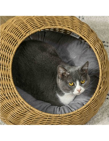 PawHut Wicker Cat House with Washable Cushion for Indoor Cats, Light Brown