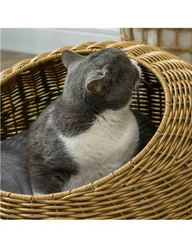 PawHut Wicker Cat House with Washable Cushion for Indoor Cats, Light Brown