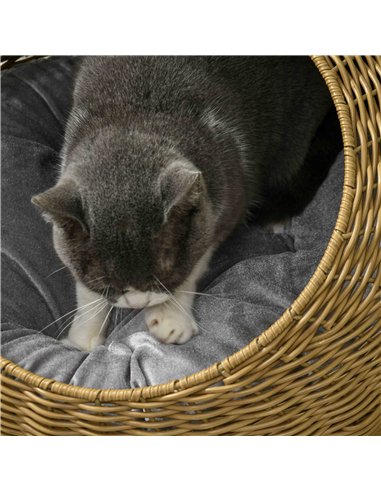 PawHut Wicker Cat House with Washable Cushion for Indoor Cats, Light Brown