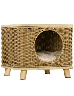 PawHut Elevated Design Wicker Cat House with Washable Cushion, Light Brown