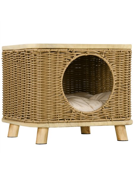 PawHut Elevated Design Wicker Cat House with Washable Cushion, Light Brown - pic 149123 | FastDaddyshop