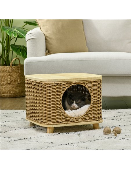 PawHut Elevated Design Wicker Cat House with Washable Cushion, Light Brown - pic 149124 | FastDaddyshop