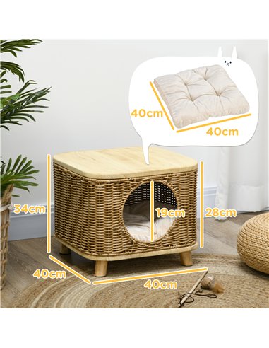 PawHut Elevated Design Wicker Cat House with Washable Cushion, Light Brown